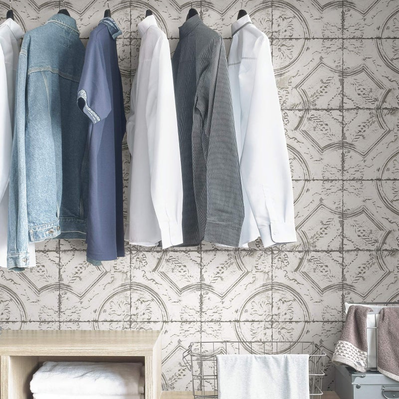 InHome NHS3711 Newport Tin Tile Peel Stick Wallpaper, White & Off-White - Image 4